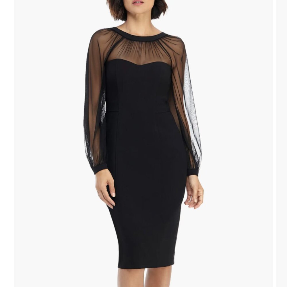 Maggy London Black Sheer-Yoke Long Sleeve Sheath Dress